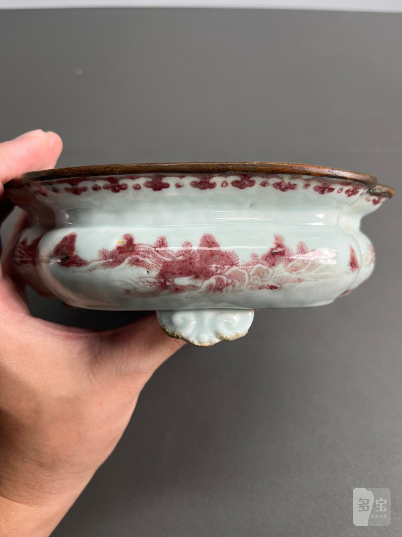 清咸丰  釉里红山水图花盆 - 图8